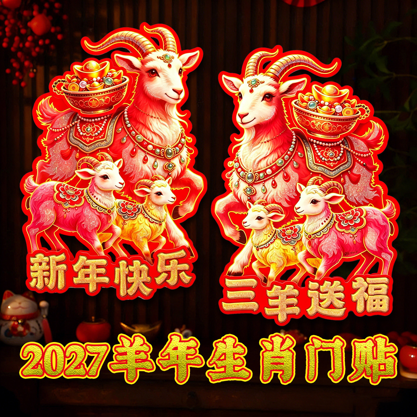 2027羊年门贴植绒卡通立体生肖对贴春节装饰年画福字对联窗花门幅