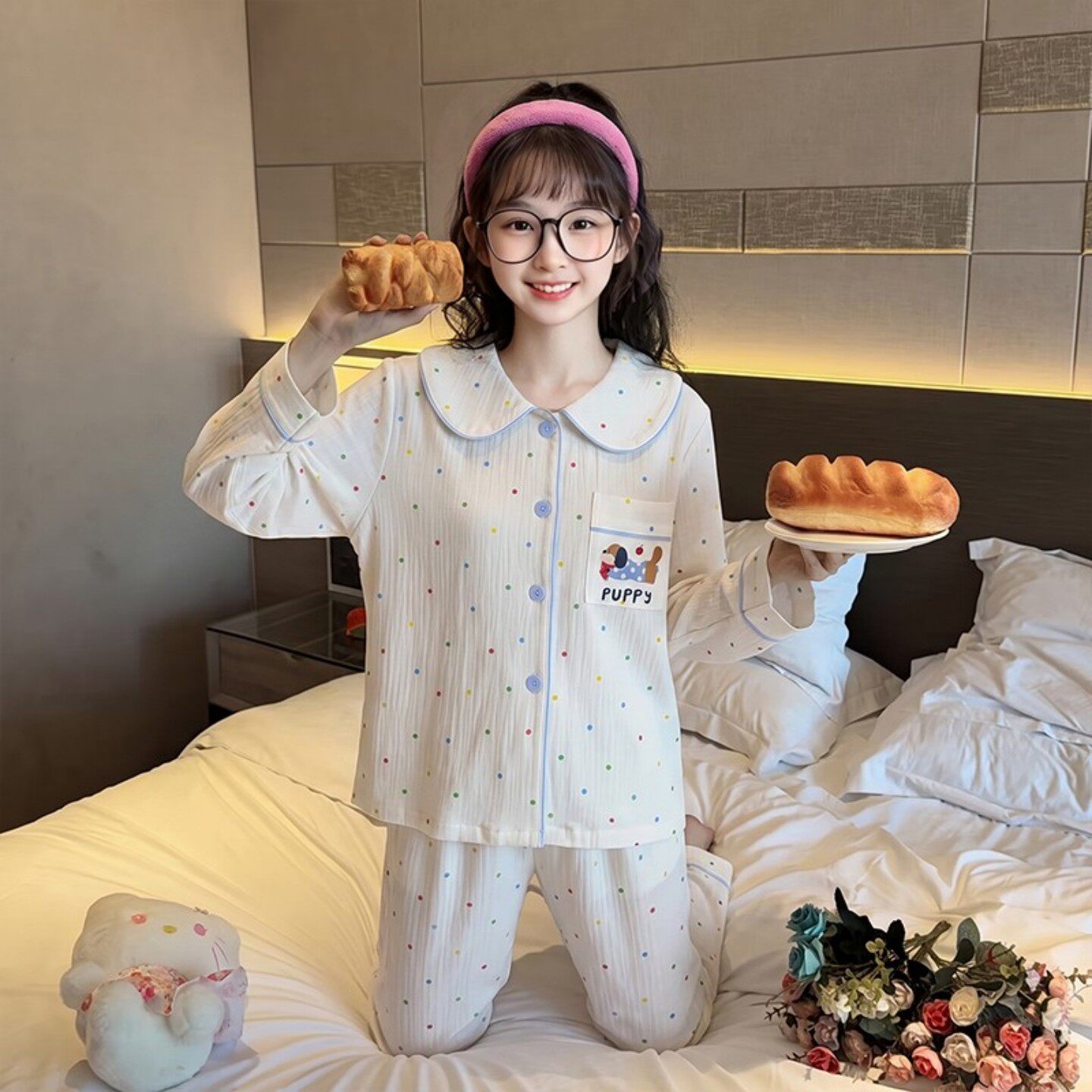 女孩春秋季长袖云朵棉可爱狗冬天空调服小熊头小草莓孩子儿童睡衣