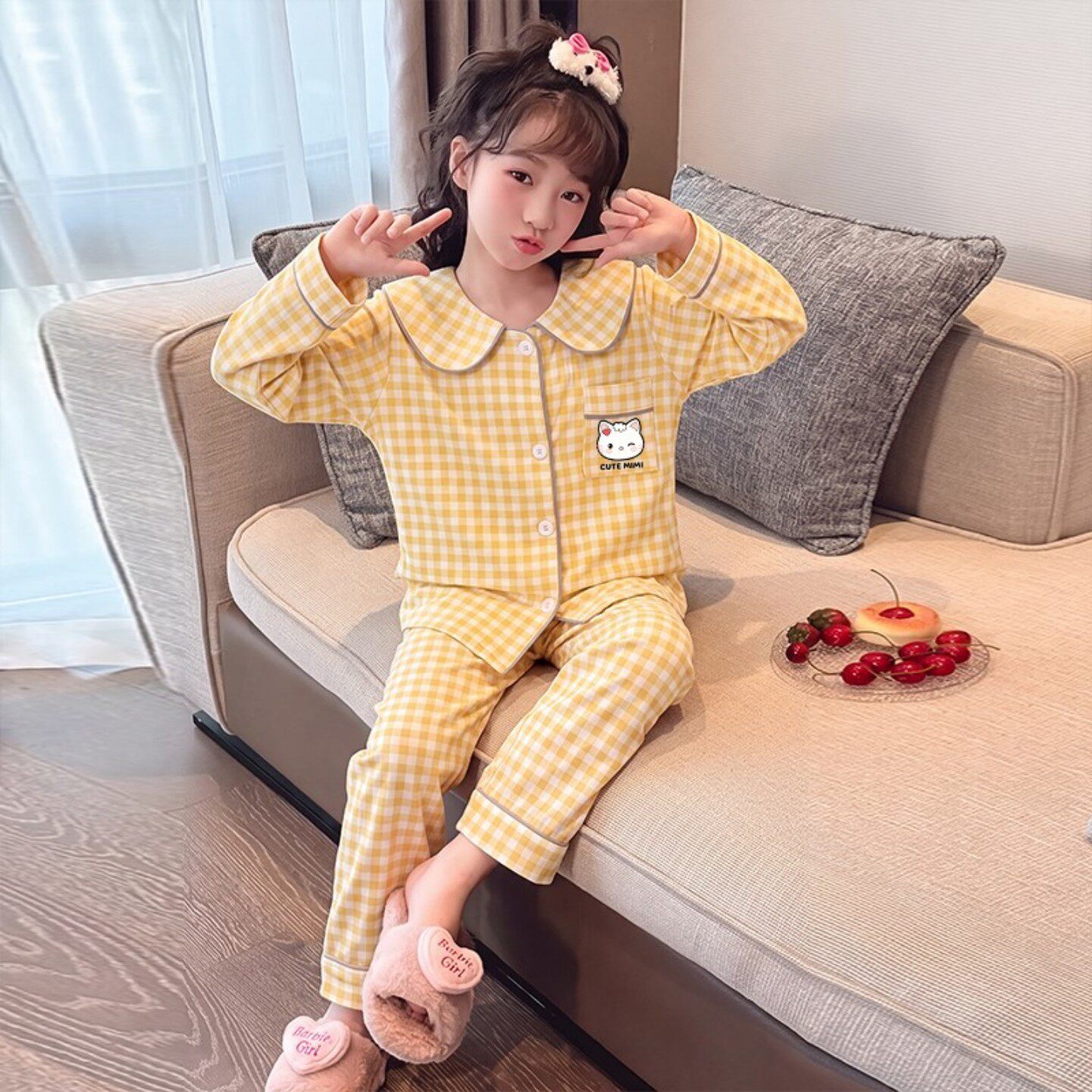 女孩春秋季长袖云朵棉潮姐妹五岁深蓝色冬天空调服三周岁儿童睡衣