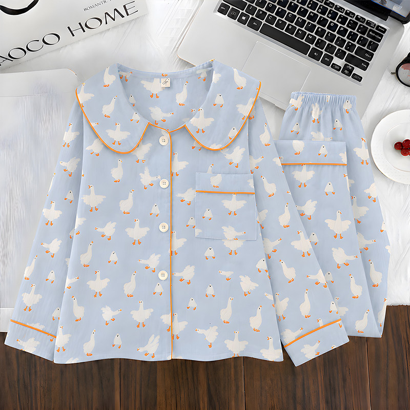 春秋季长袖云朵棉可爱图案桃心少女冬天大星星空调服儿童睡衣女孩