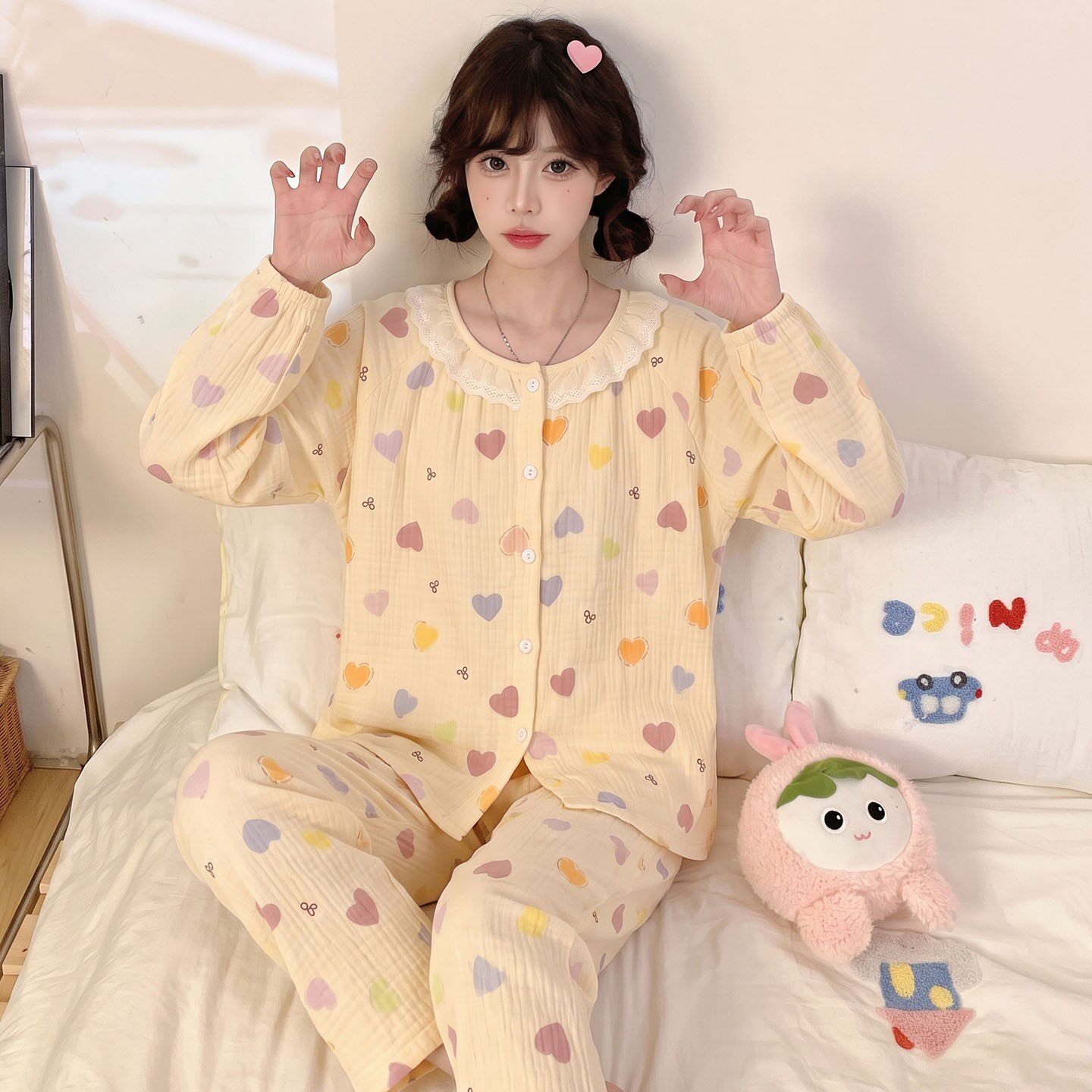 儿童睡衣女孩女款居家服空调服薄款云朵棉小灰猫冬长袖春秋季姐姐