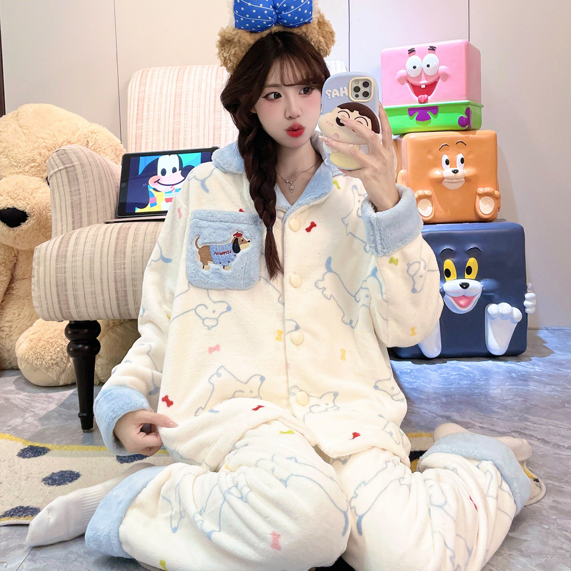 女童睡衣衣服套头套装秋冬款冬季开衫绒口袋秋冬款加厚少女高中生