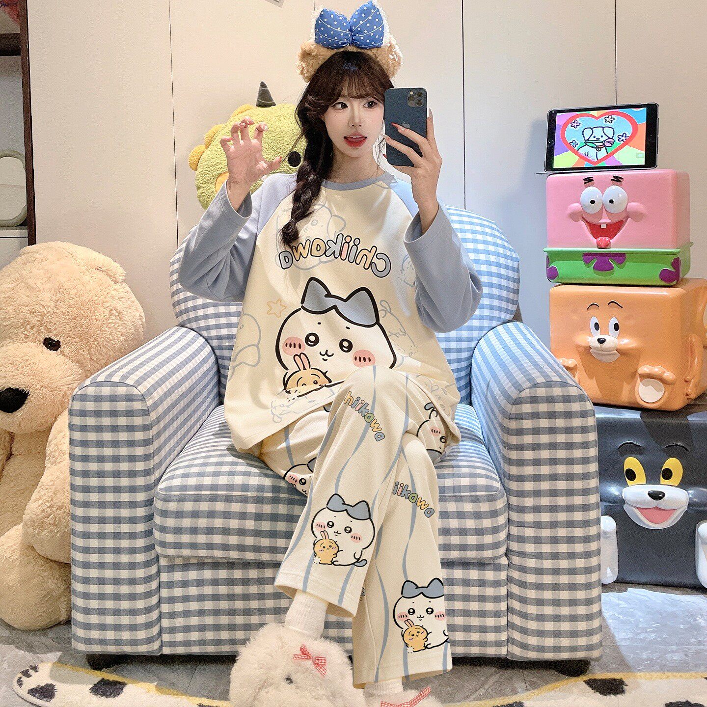 睡衣女孩纯棉长袖春秋季七周岁女童冬天空调服猫咪图案十三岁儿童