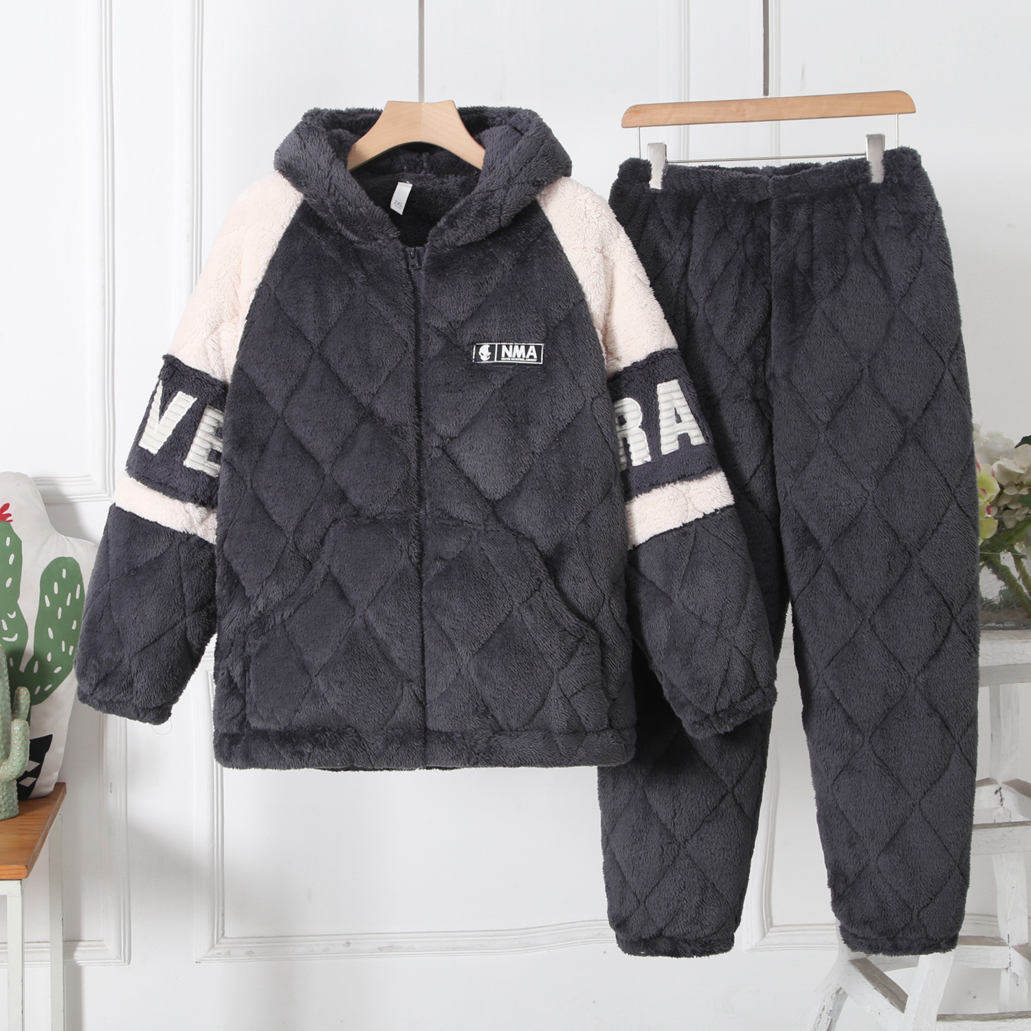 男法兰绒拉链中长款帽子睡衣保暖