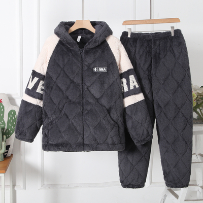 男法兰绒拉链中长款帽子睡衣保暖