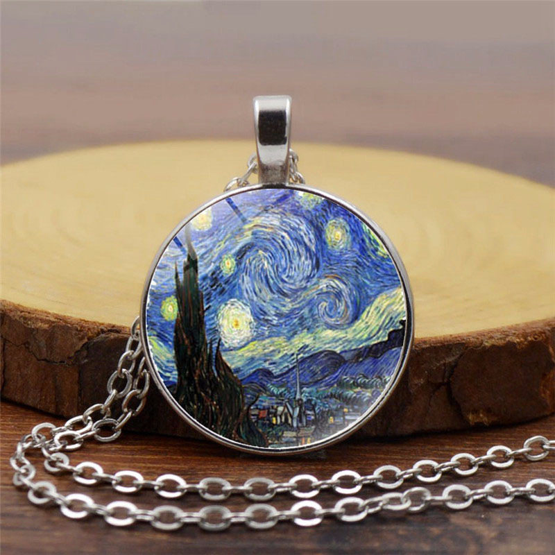 亚马逊热销梵高星月夜时光宝石吊坠项链女百搭复古毛衣链饰品