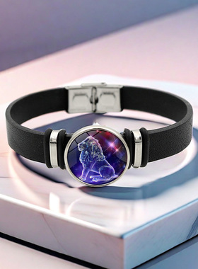 十二星座按扣手镯欧美热销黑色皮革手链饰品家人朋友情侣礼物