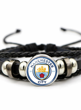 欧洲联赛豪门足球队logo手工编织手链男女通用黑色皮革手饰品
