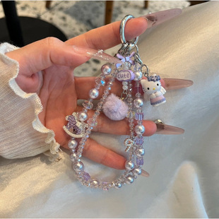 秋冬新款紫色水晶木马毛球串珠手机挂件甜美可爱精致kitty猫挂扣