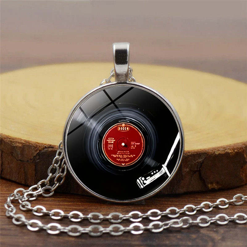 复古黑胶唱片图案时光宝石吊坠项链女百搭欧美时尚复古毛衣链