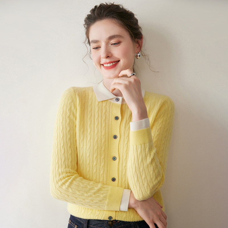 2025秋冬女款POIO小麻花撞色开衫羊绒衫羊毛衫针织衫毛衣