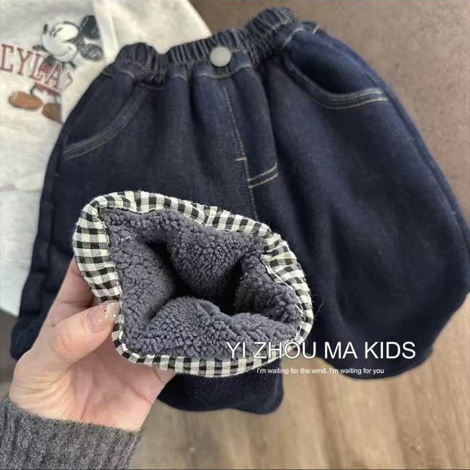 慕小橙男童牛仔裤宝宝秋冬加绒裤子中小童洋气百搭一体绒加厚长裤