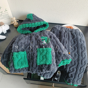 慕小橙男童加绒恐龙睡衣儿童冬季三层加厚珊瑚绒男宝宝家居服套装