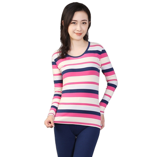 庄泰女士保暖内衣舒绒莱卡棉中厚圆领条纹秋衣秋裤青年长袖棉毛衫