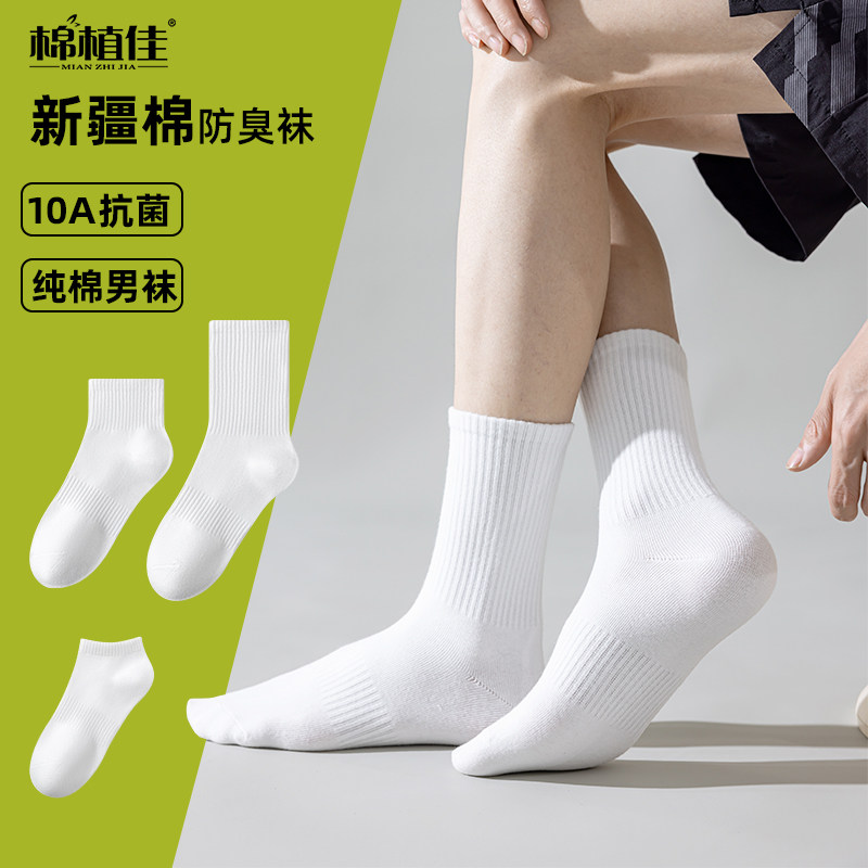 新疆棉袜子男款短袜男士袜子船袜夏季薄款纯棉中筒防臭袜白色长筒