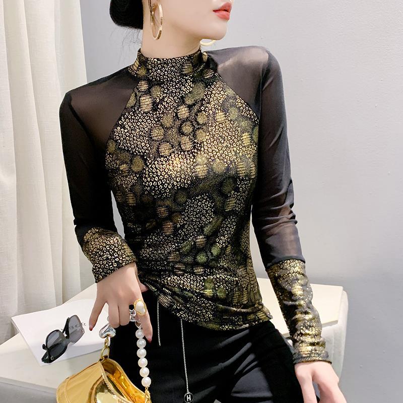 长袖休闲风网纱欧货秋半高领长