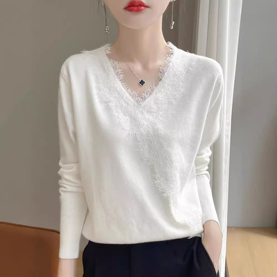 新款拼接蕾丝显瘦时尚气质毛衣欧