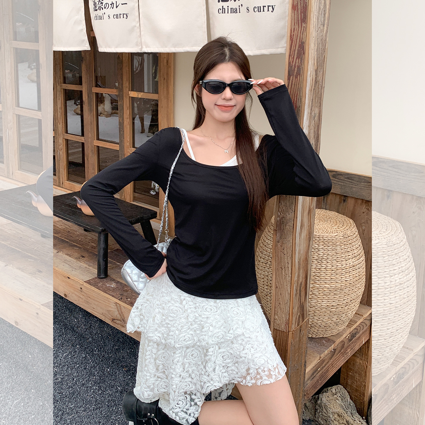 穿搭撞色长袖恤修身斜肩露肩不对称吊带内搭打底上衣女套装T恤