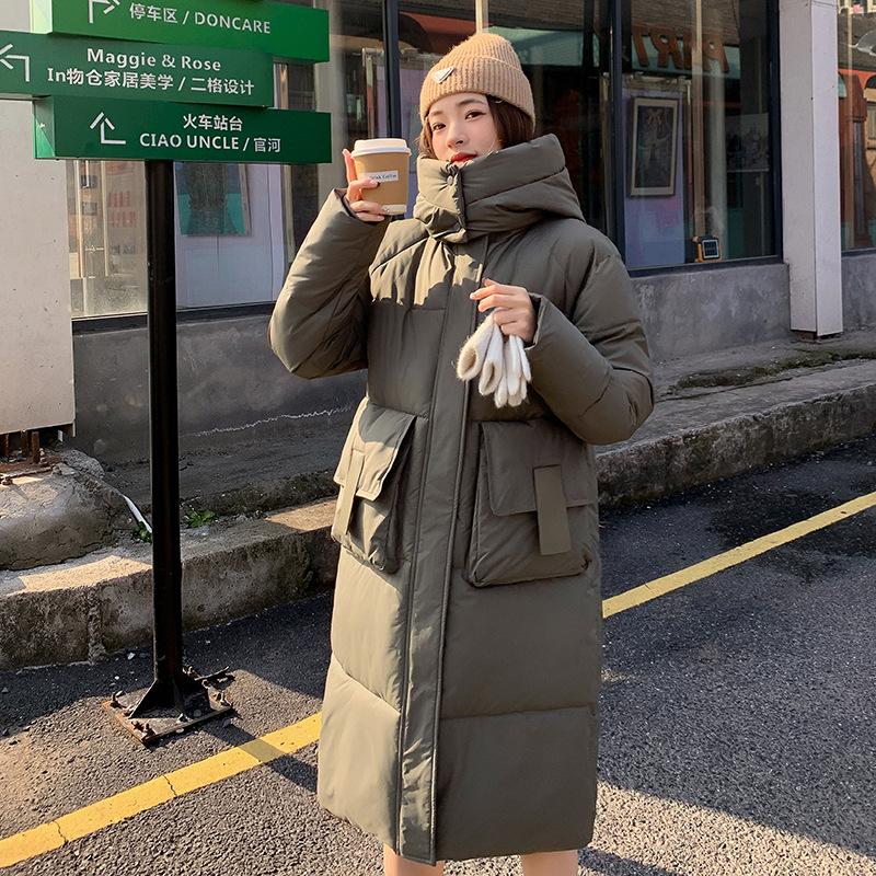 新款 欧美风棉衣女冬季中长款口袋面包服棉袄加厚羽绒棉服外套
