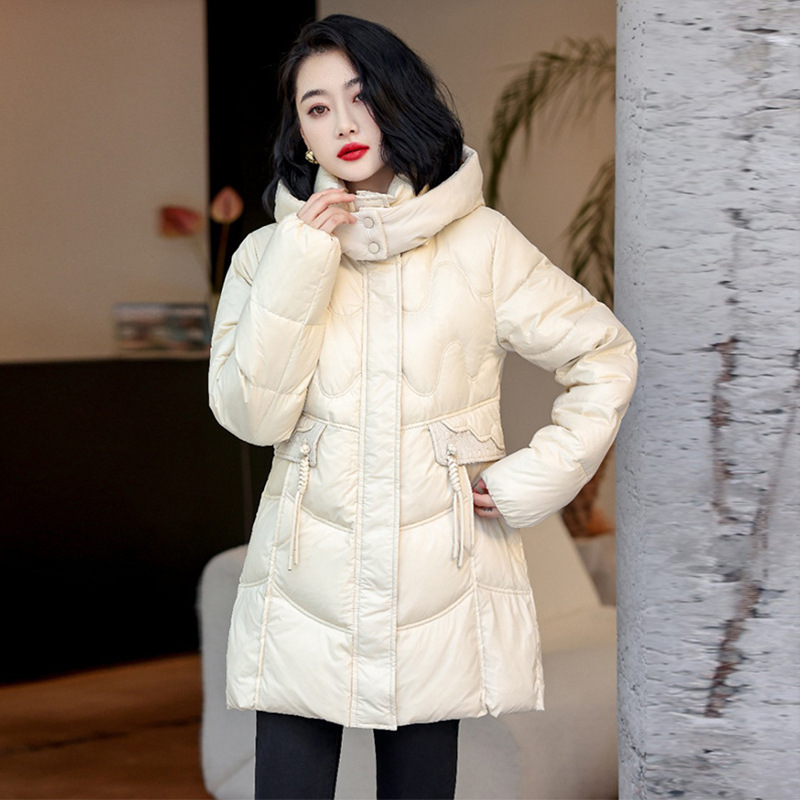 收腰口袋花边羽绒服女中长款冬款连帽收腰白鸭绒保暖外套50%长袖