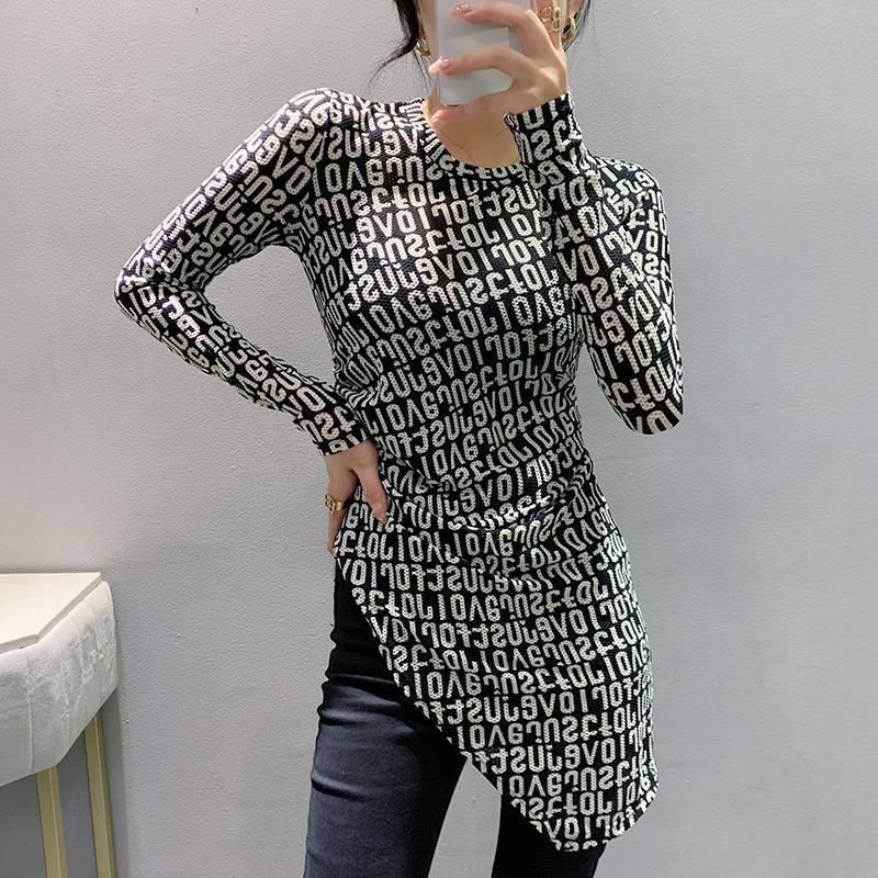 新款 秋季气质长袖恤时尚设计感中长款开叉修身百搭上衣女T恤网纱