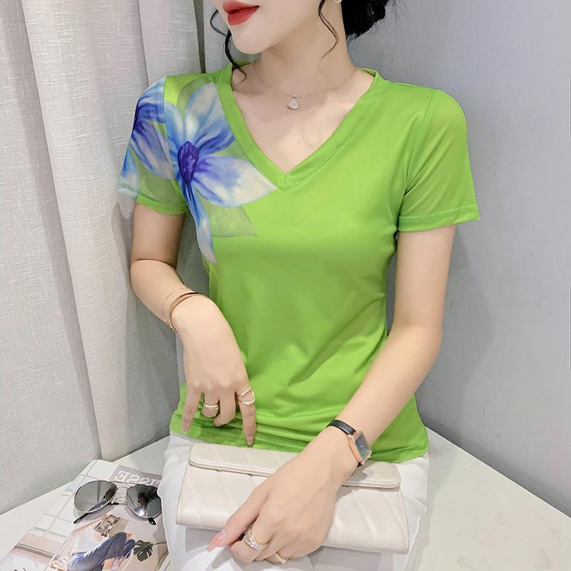 气质印花上衣夏时尚设计感大花朵修身显瘦领短袖恤T恤网纱拼接