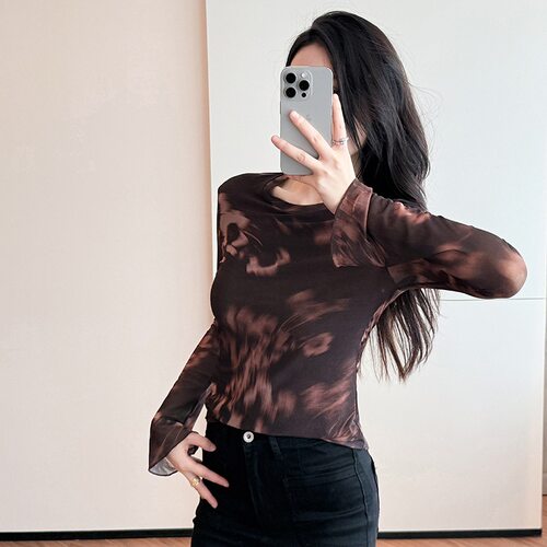 长袖公主风网纱圆领晕染印花网