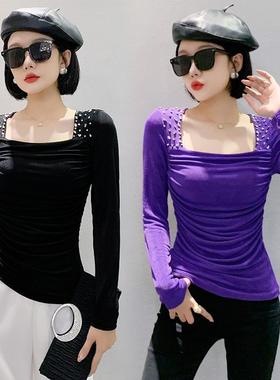 欧货秋装修身时尚冰丝褶皱方领钉珠长袖恤女潮打底衫T恤EZF8037#