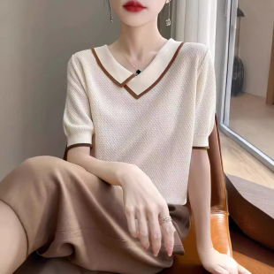 上衣别致夏季 薄款 女士翻领撞色莱赛尔 恤女短袖 小个子针织衫