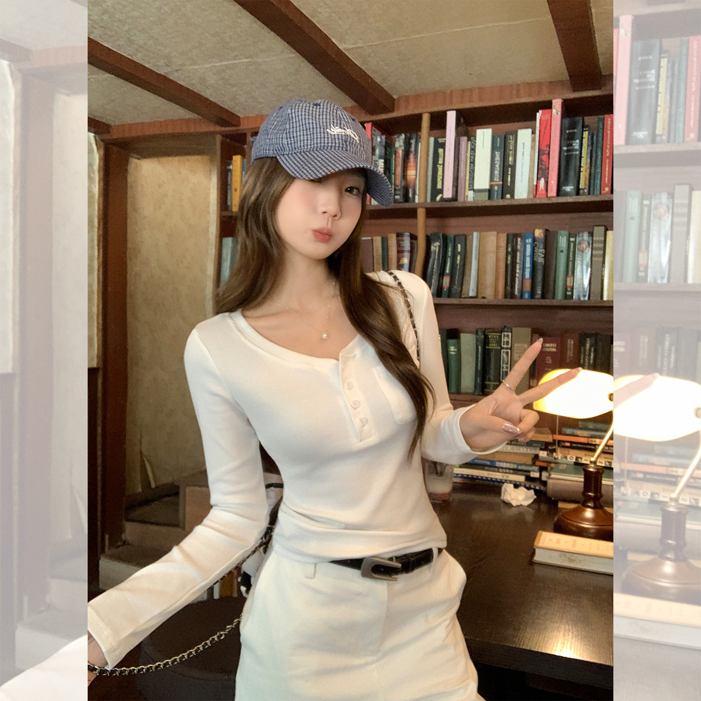 白色半开领纽扣口袋设计感长袖恤女初秋打底衫内搭上衣T恤纯色棉