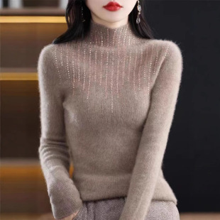 秋冬镶钻半高领针织衫 时尚 女修身 毛衣打底衫 洋气单件 抽条长袖 新款