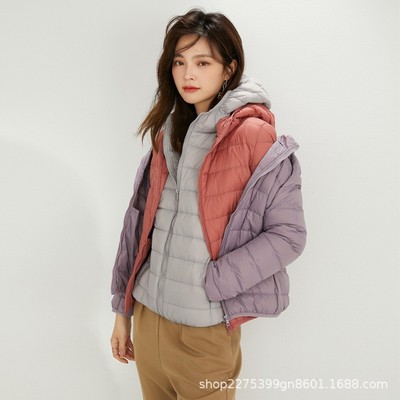 通勤风锦纶绒女连帽平湖羽绒服