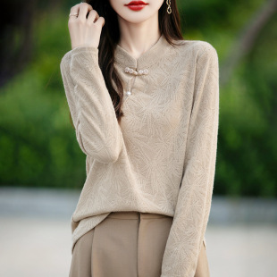 国风长袖 百搭盘扣打底衫 毛衣春季 女新中式 单件套头 纯色立领针织衫
