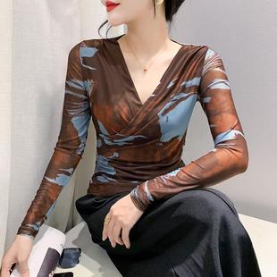 领印染网纱长袖打底衫女秋季气质修身淑女恤上衣女T恤套头YJ8721#