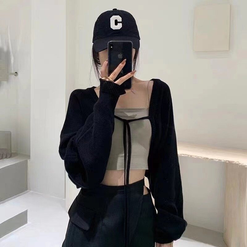 春夏外搭披肩女短款黑色针织开衫宽松坎肩上衣吊带罩衫毛衣薄外套