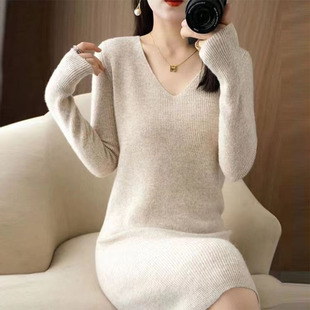 韩系针织连衣裙女秋冬内搭修身领打底衫女长款紧身毛衣裙女纯色