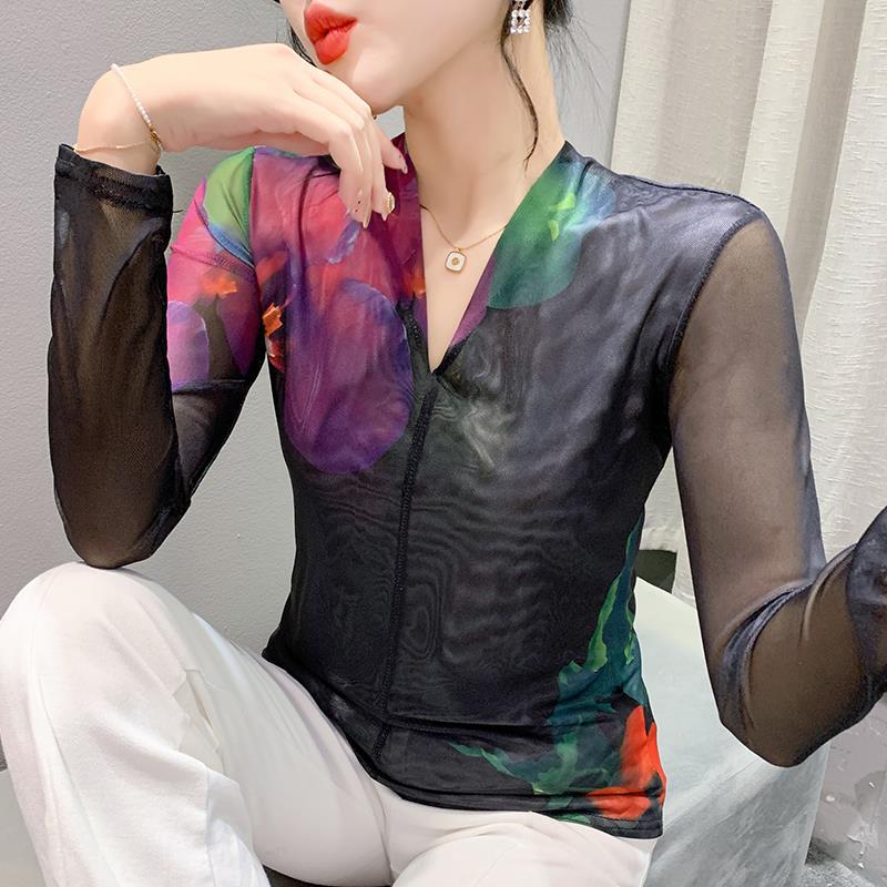 长袖休闲风网纱新款亲肤高弹