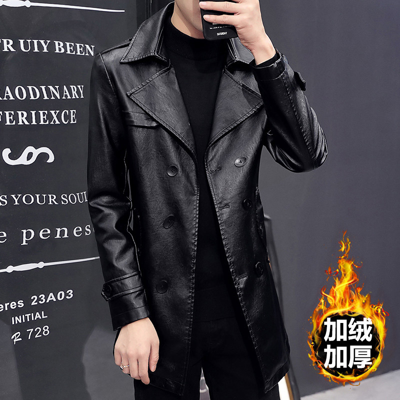 男士风衣中长款修身韩版秋冬季加绒PU皮衣西服外套青年潮流小西装