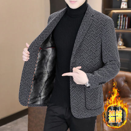 加绒小西装男士秋冬季修身潮流时尚短款加厚休闲西服保暖毛呢外套