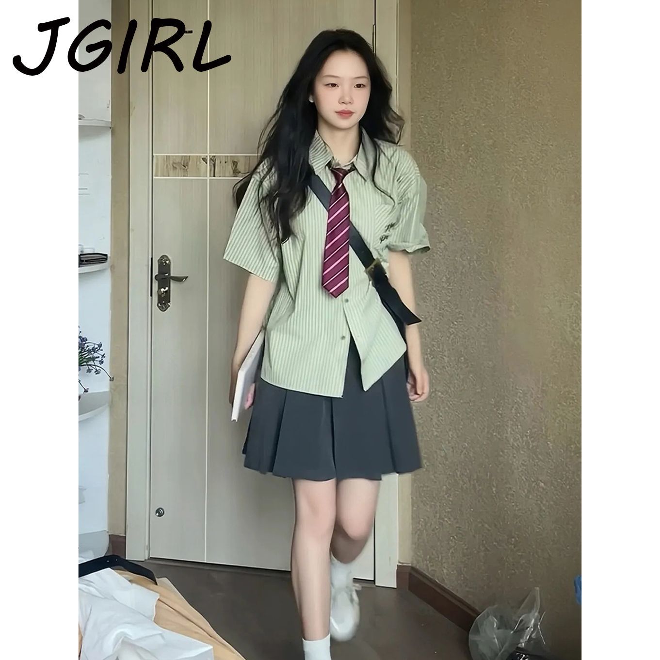 一整套ootd穿搭绿色jk制服百褶短裙2026超火连衣裙两件套装女夏季
