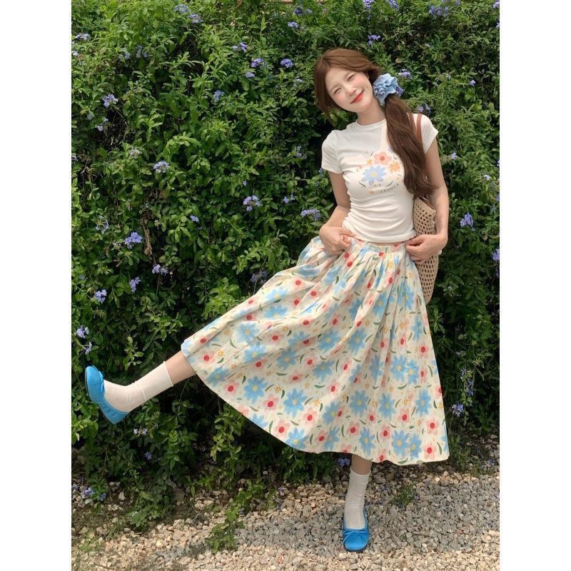 夏季甜美风小清新穿搭印花圆领短袖上衣碎花百褶显瘦半身裙两件套