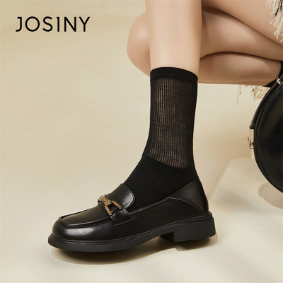 Josiny/卓诗尼厚底单鞋2024新款粗跟百搭一脚蹬高级感英伦小皮鞋