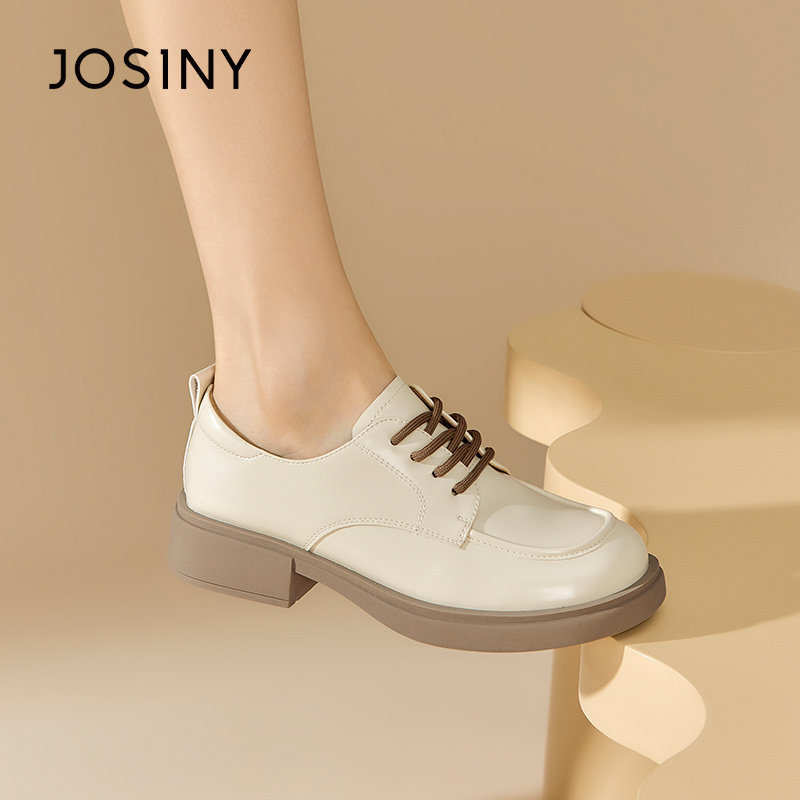 josiny/卓诗尼乐福女鞋2023秋季新款英伦风粗跟厚底一脚蹬小皮鞋