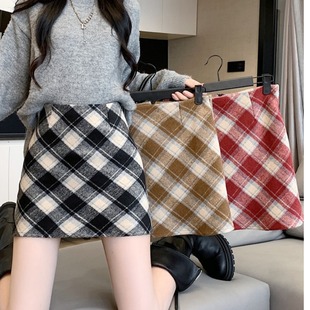 胖妹妹高腰A字小个子半身裙 复古毛呢格纹包臀短裙女春季 大码 法式