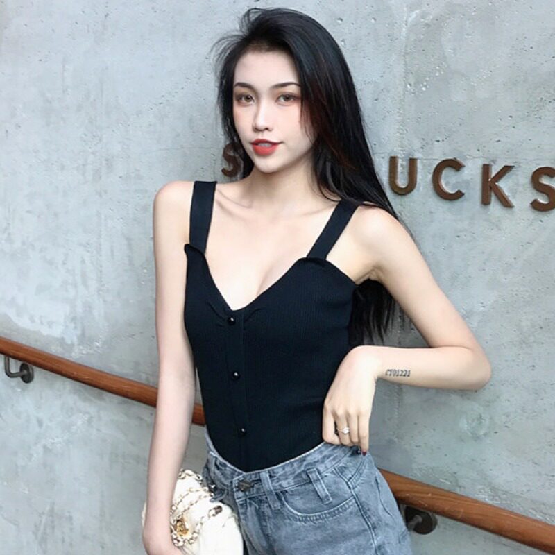 韩版chic性感纽扣针织衫胖妹妹夏季弹性显瘦大码学生吊带V领背心