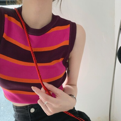 百搭撞色条纹上衣针织吊带背心女