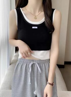 韩版chic风假两件吊带小背心女胖妹妹大码夏季学生百搭短款上衣潮