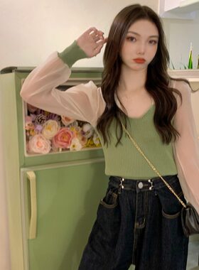 法式复古拼接泡泡袖方领针织衫女胖妹妹大码春季修身显瘦套头毛衣