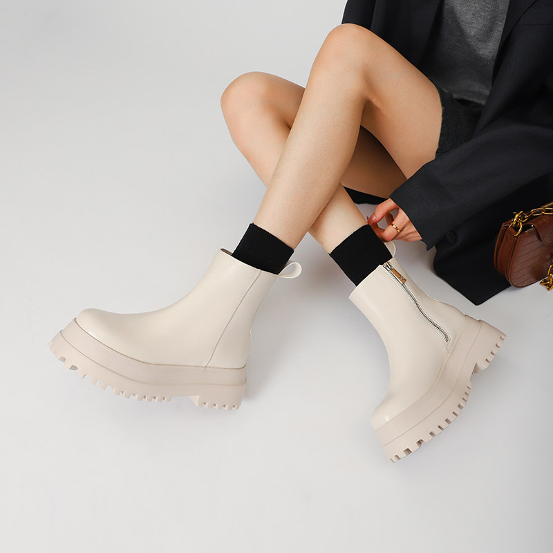 HONG KONG CHELSEA BOOTS WOMENS FALL-WINTER 2024 PLATFORM HEIGHTENED FLATFORM BOOTS GENUINE LEATHER SIDE ZIPPER MARTIN BOOTS