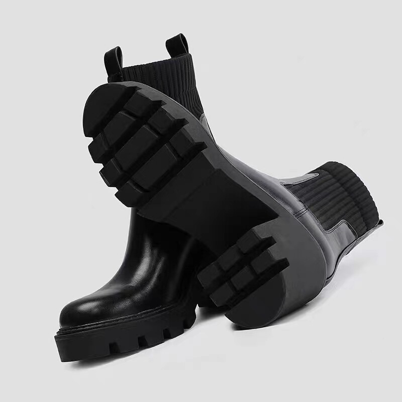 ZAUE GROOVED PLATFORM BOOTIES WOMENS AUTUMN AND WINTER NEW LEATHER SOCKS STYLE HIGH HEELS SLIMMING SLEEVE MARTIN BOOTS CHELSEA BOOTS